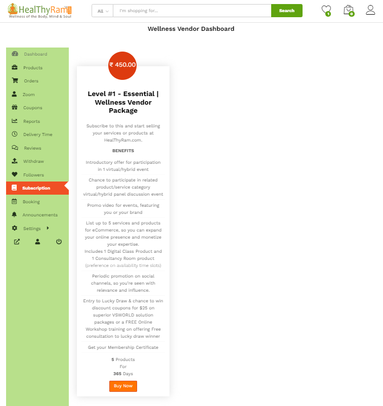 Subscribing a package at Wellness Vendor Dashboard