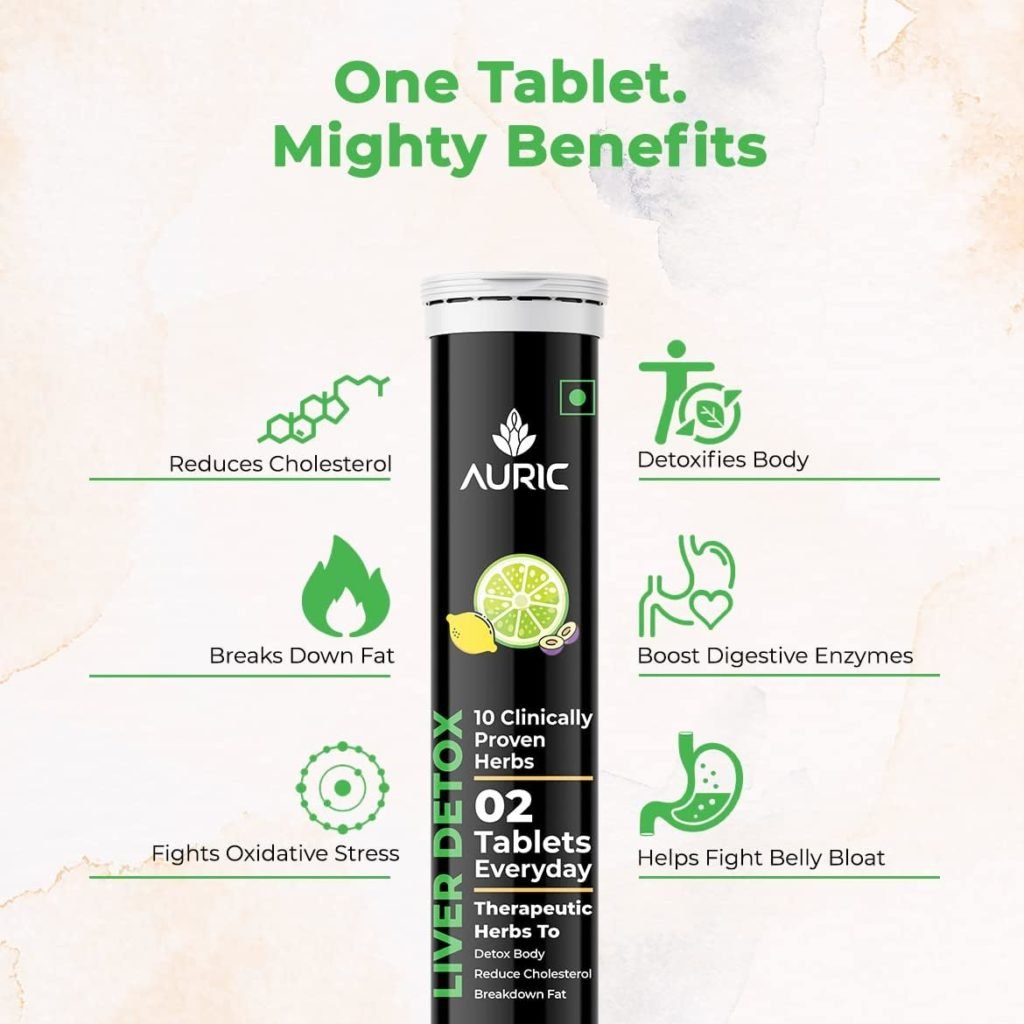 Auric Liver Detox Effervescent | Fizzy Water with 10 Ayurvedic Herbs | Clinically Researched Therapeutic Ingredients | Drop, Dissolve, Fizz, Drink | Pack of 80 Tablets