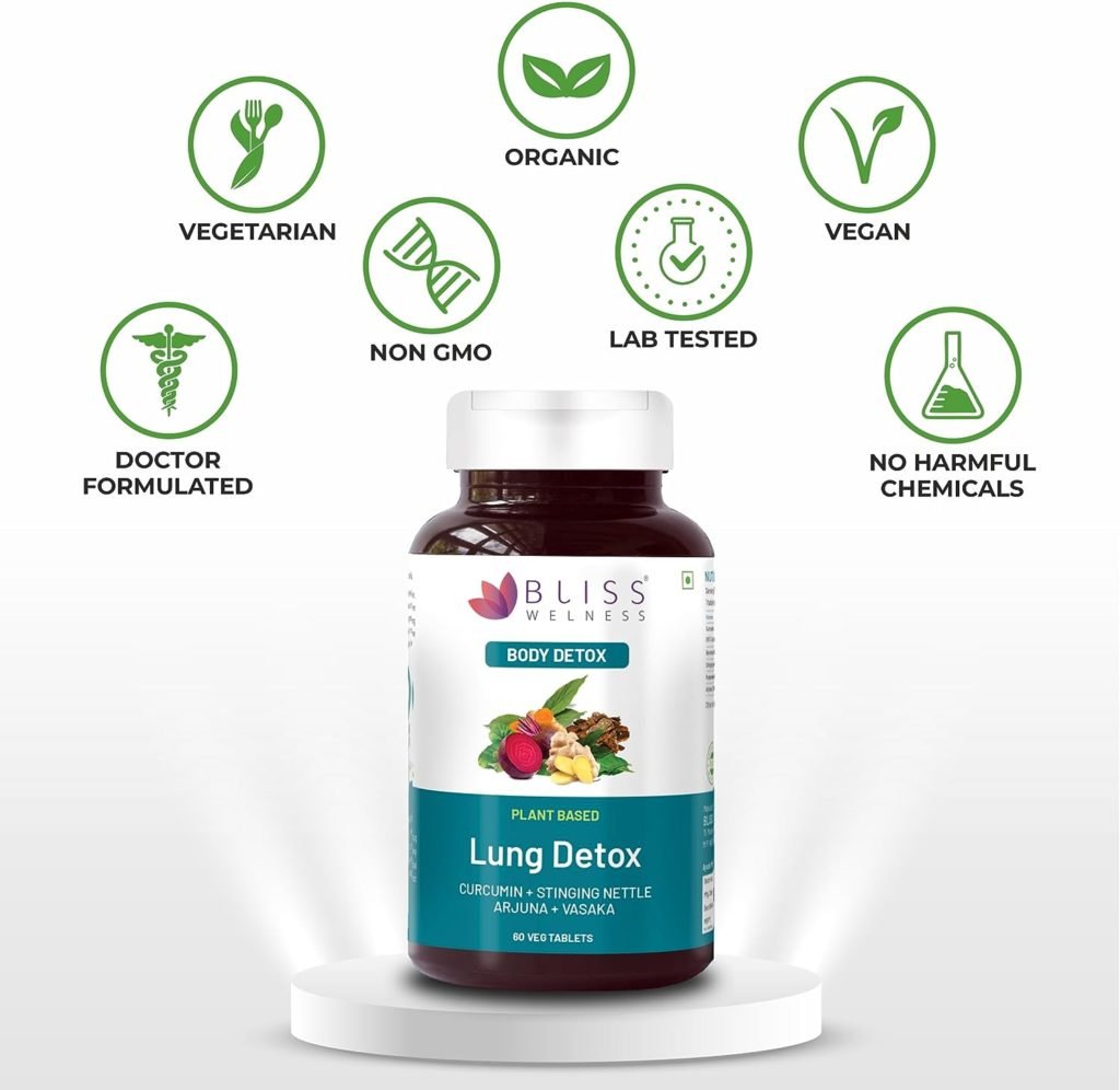 Bliss Welness Lung Detox | Curcumin Stinging Nettle Arjuna Vasaka Beetroot Punerneva Trikatu Kateri Echinecea Piperine | Repair Pollution Damage Cleanse Respiratory Support Tar Toxin Removal for Smokers Supplement - 60 Vegetarian Tablets