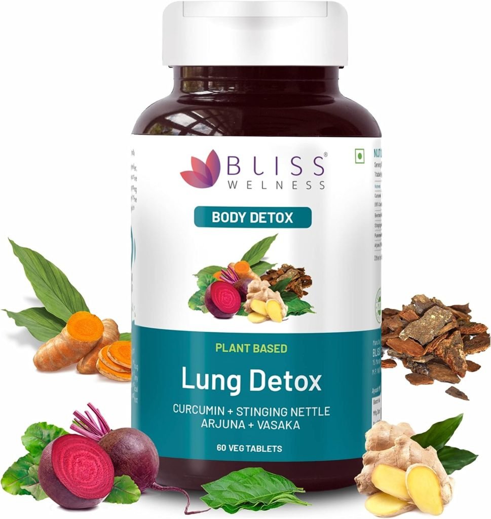 Bliss Welness Lung Detox | Curcumin Stinging Nettle Arjuna Vasaka Beetroot Punerneva Trikatu Kateri Echinecea Piperine | Repair Pollution Damage Cleanse Respiratory Support Tar Toxin Removal for Smokers Supplement - 60 Vegetarian Tablets