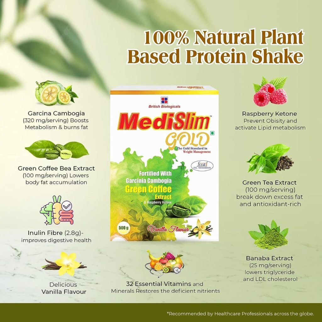 BRITISH BIOLOGICALS - Medislim Gold Meal Replacement Shake For Weight Management - 500 GM - Sugar-free, Cholesterol-free, Zero Trans-fat, Gluten-free Drink with (Goodness of Garcinia Cambogia, Raspberry, Ketone)