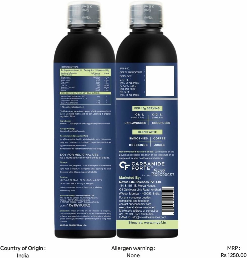 Carbamide Forte Pure MCT Oil C8 From USA | 100% Coconut Source | Keto Paleo Friendly - 500ml Vegetarian Oil