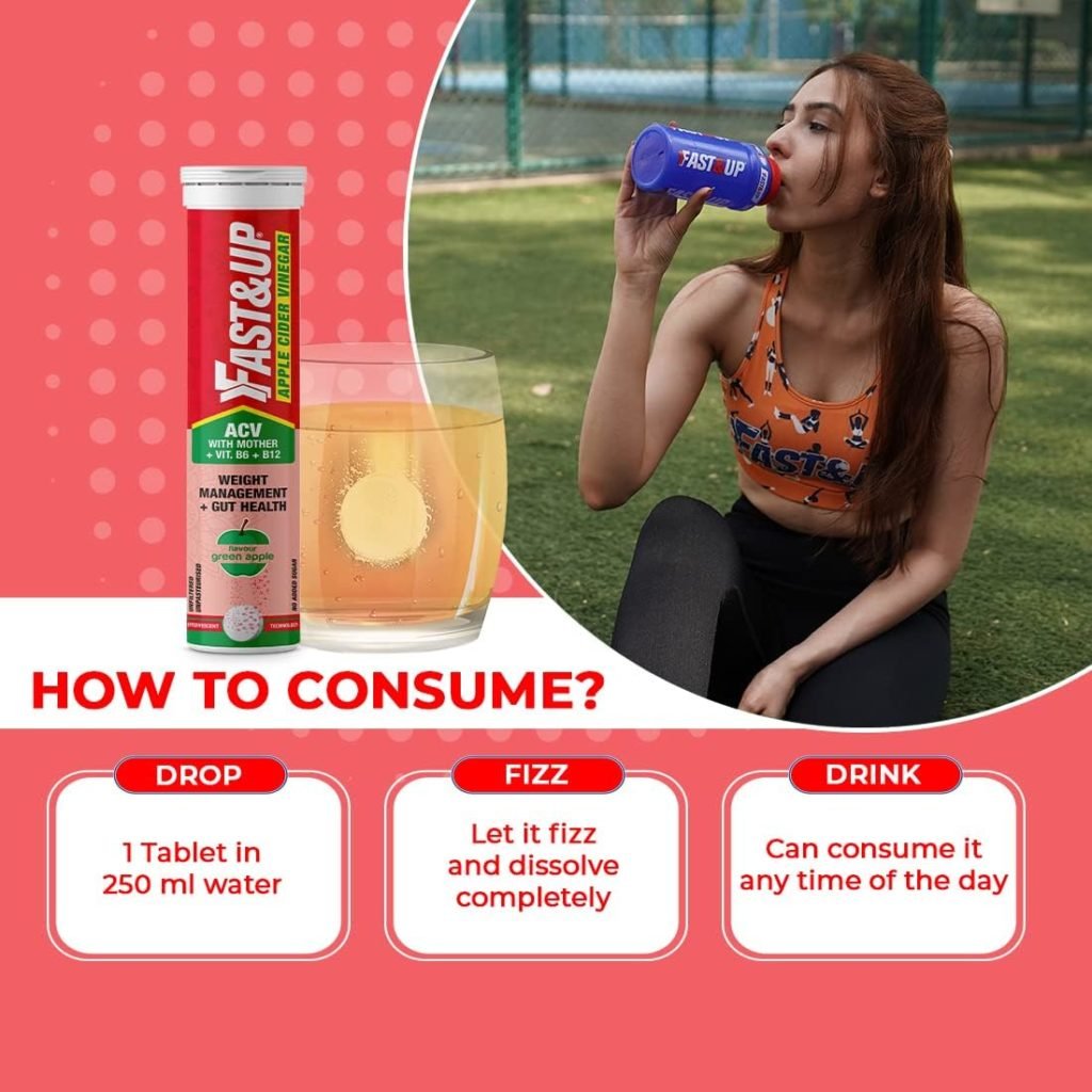 FastUp Apple Cider Vinegar with Mother | Added Vit. B6B12 | Weight management Gut Health | Green Apple Flavor, Pack of 60 Effervescent tablets