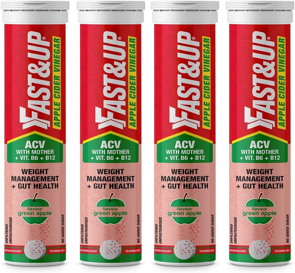 FastUp Apple Cider Vinegar with Mother | Added Vit. B6B12 | Weight management Gut Health | Green Apple Flavor, Pack of 60 Effervescent tablets