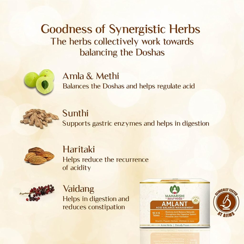 For Digestion and Acidity | Maharishi Ayurveda Amlant For Acidity Heartburn Gas Bloating Strengthens Digestive System Helps in reducing Acidity Recurrence Quick Relief from Acidity Clinically Proven Enriched with Haritaki and other 14 other potent Herbs 60 Tablets Pack of 1