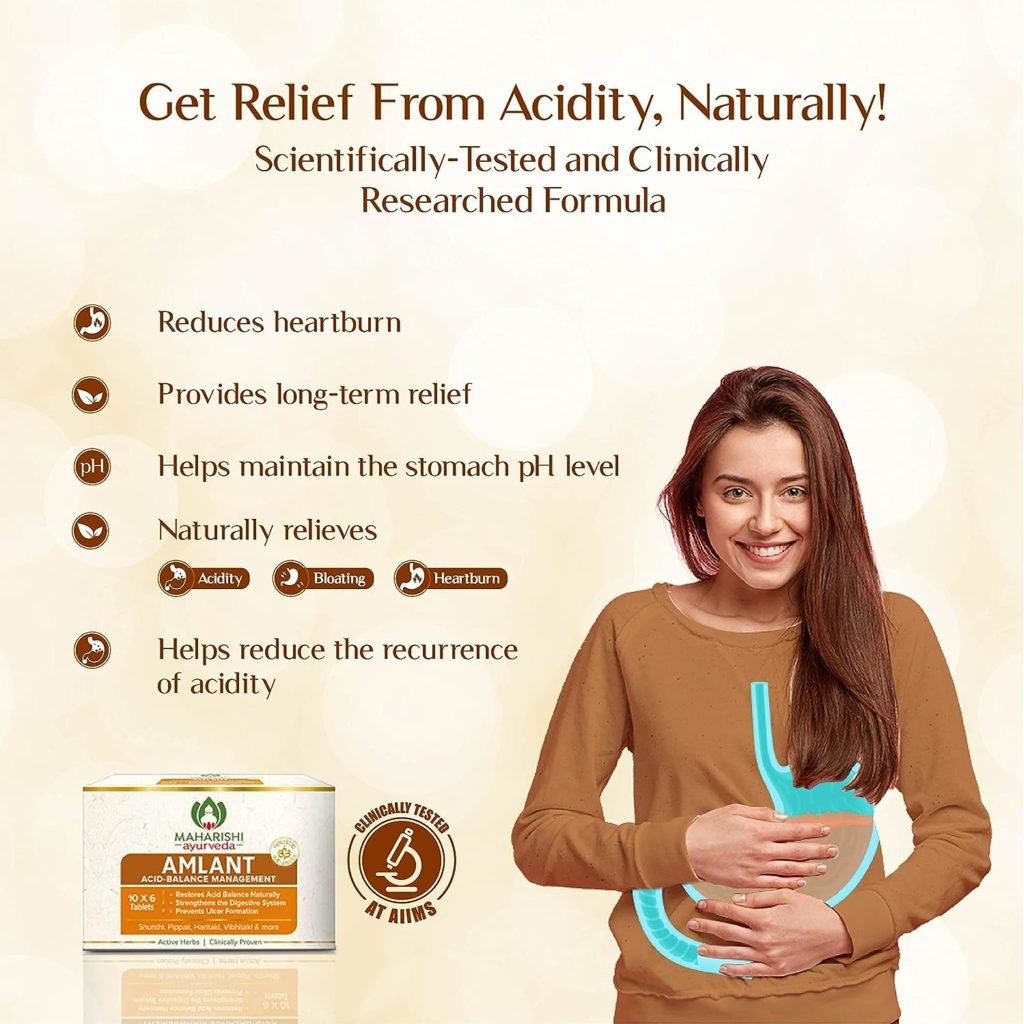 For Digestion and Acidity | Maharishi Ayurveda Amlant For Acidity Heartburn Gas Bloating Strengthens Digestive System Helps in reducing Acidity Recurrence Quick Relief from Acidity Clinically Proven Enriched with Haritaki and other 14 other potent Herbs 60 Tablets Pack of 1