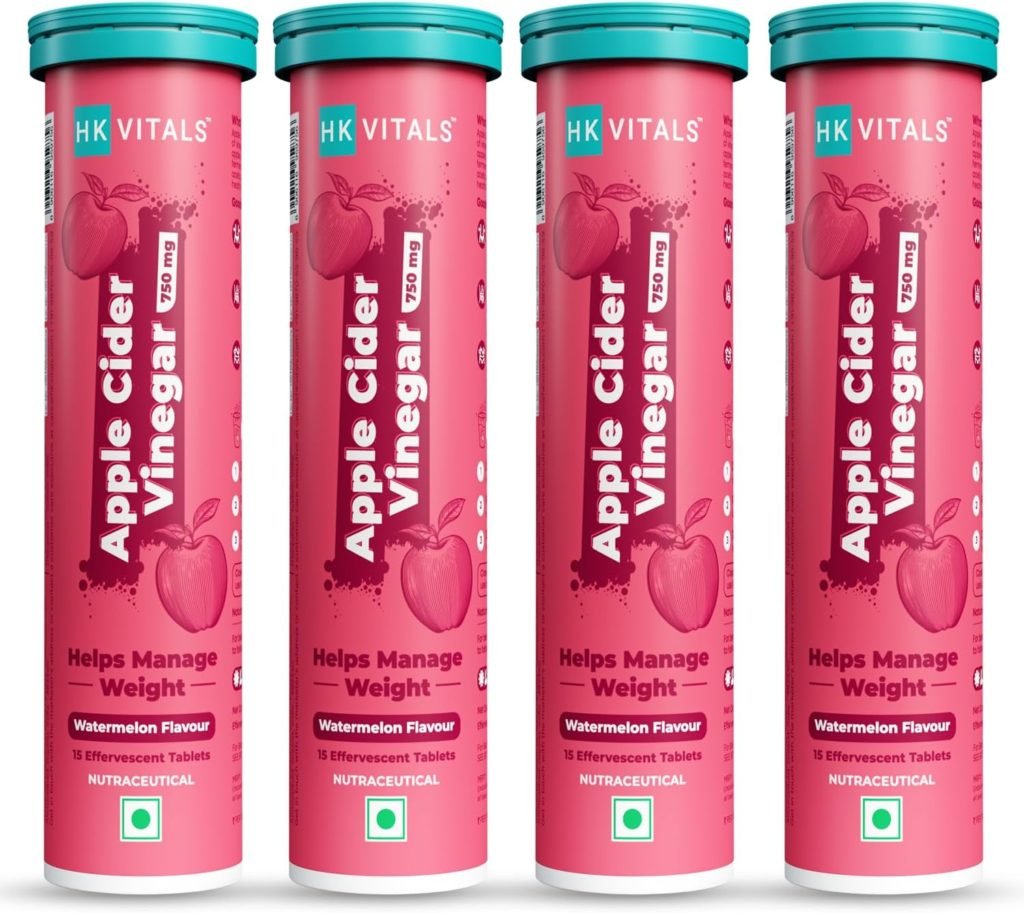 HealthKart HK VITALS Apple Cider Vinegar 750 mg, for Weight Management Gut Health, Supports Digestion, No Added Sugar, Watermelon Flavour, 15 Effervescent Tablets Each (Pack of 4)