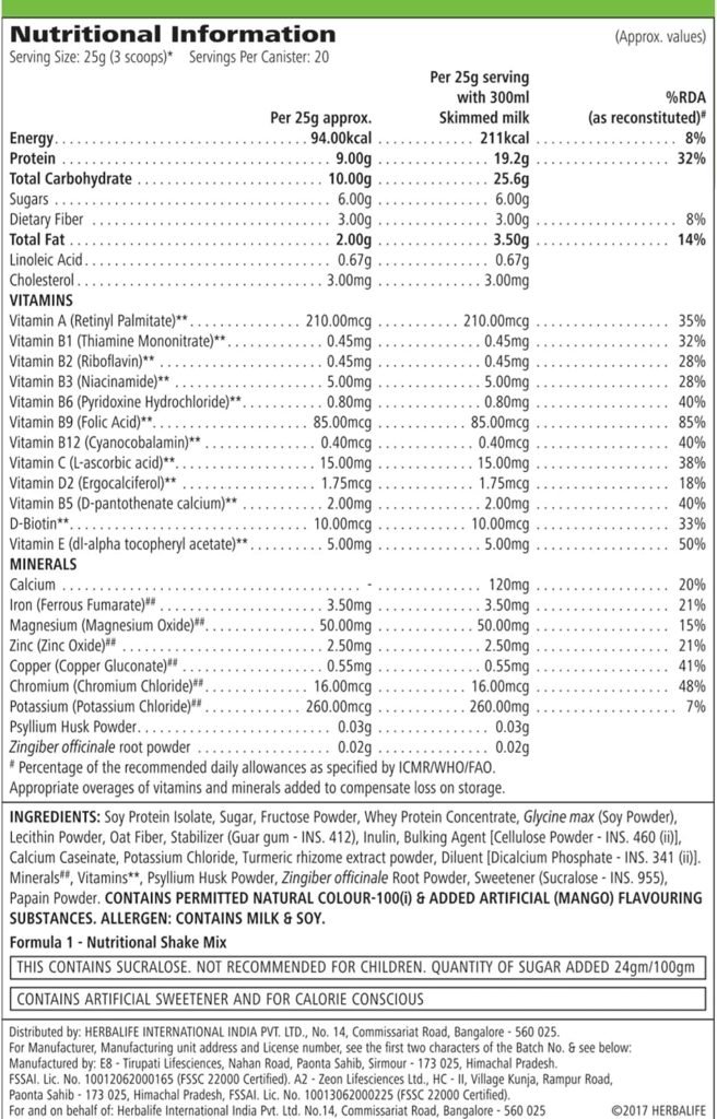 Herbalife Formula 1 Shake for Weight Loss - 500 g (Mango)
