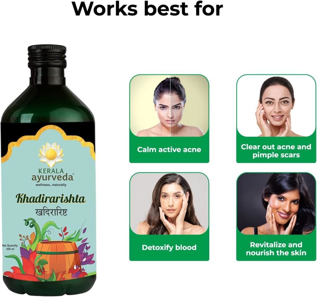 Kerala Ayurveda Khadirarishta 450ml | Herbal Blood Purifier | For Acne Relief | Tonic For Sensitive Skin | For Pimple Free Skin | Blood Purifier for Glowing Skin | 100% Ayurvedic | With Khadira, Devadaru, and Bakuchi|