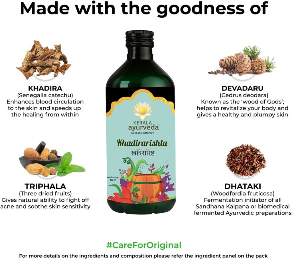 Kerala Ayurveda Khadirarishta 450ml | Herbal Blood Purifier | For Acne Relief | Tonic For Sensitive Skin | For Pimple Free Skin | Blood Purifier for Glowing Skin | 100% Ayurvedic | With Khadira, Devadaru, and Bakuchi|