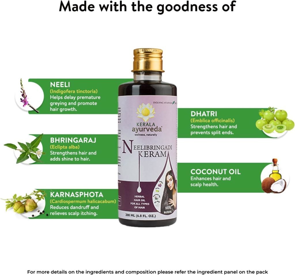 Kerala Ayurveda Neelibringadi Keram 200 ml | Daily Hair Oil | Delays Premature Greying, Reduces Dandruff and Strengthens Hair| With Bringaraj, Neeli, Karnasphota, and Amla | Coconut Oil Base |