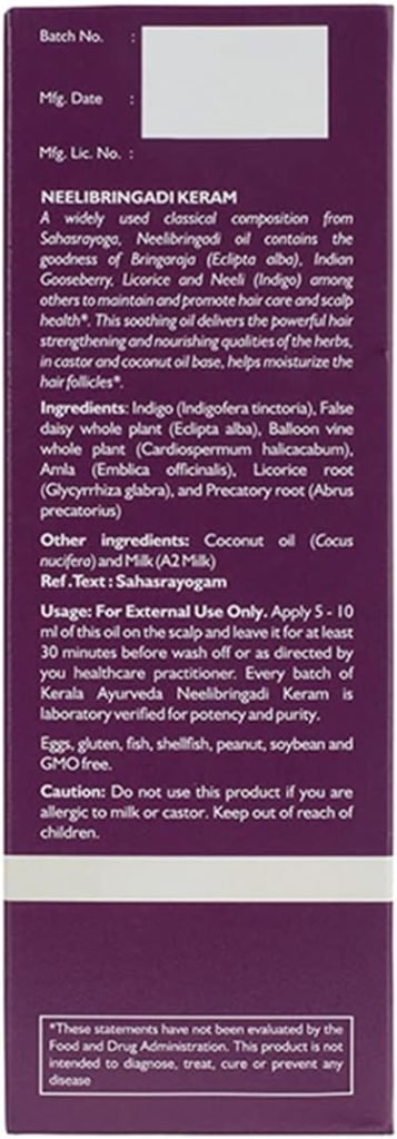 Kerala Ayurveda Neelibringadi Keram 200 ml | Daily Hair Oil | Delays Premature Greying, Reduces Dandruff and Strengthens Hair| With Bringaraj, Neeli, Karnasphota, and Amla | Coconut Oil Base |