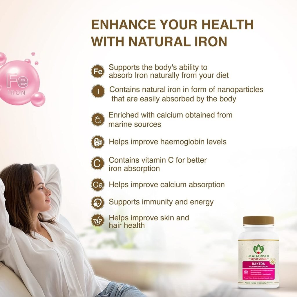 Maharishi Ayurveda Raktda Iron Management Tablets For Men and Women| Ayurvedic Iron supplement with Vitamin C,Calcium |Maintains Haemoglobin levels|Boosts Energy |Improves Skin,Hair Health|60 Tablets