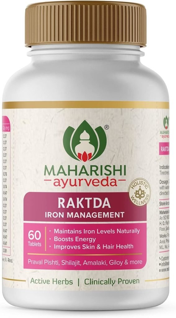 Maharishi Ayurveda Raktda Iron Management Tablets For Men and Women| Ayurvedic Iron supplement with Vitamin C,Calcium |Maintains Haemoglobin levels|Boosts Energy |Improves Skin,Hair Health|60 Tablets