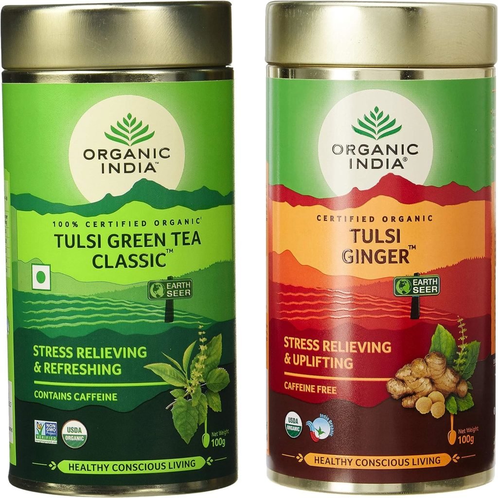 Organic India Classic Tulsi Green Tea, 100 gm + Organic India Tulsi Ginger 100 GM Tin