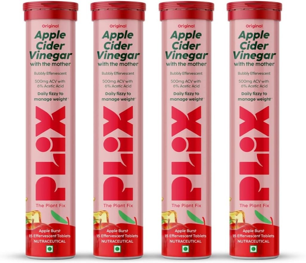 PLIX - THE PLANT FIX Apple Cider Vinegar 15 Effervescent Tablet with mother for weight loss and easy digestion, vitamin B6 B12, Pack of 4 (Apple), 100% vegan, Easy to carry consume