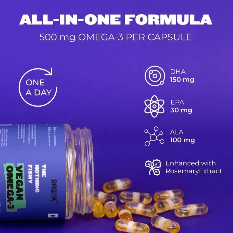 RawRX Vegan Omega 3 - Algal Oil-based DHA (150mg), EPA (30mg) ALA (100mg) Formula - Heart Joint Support for Men Women - 60 Capsules - Better than Fish Oil - 100% Vegetarian Algae Flaxseed