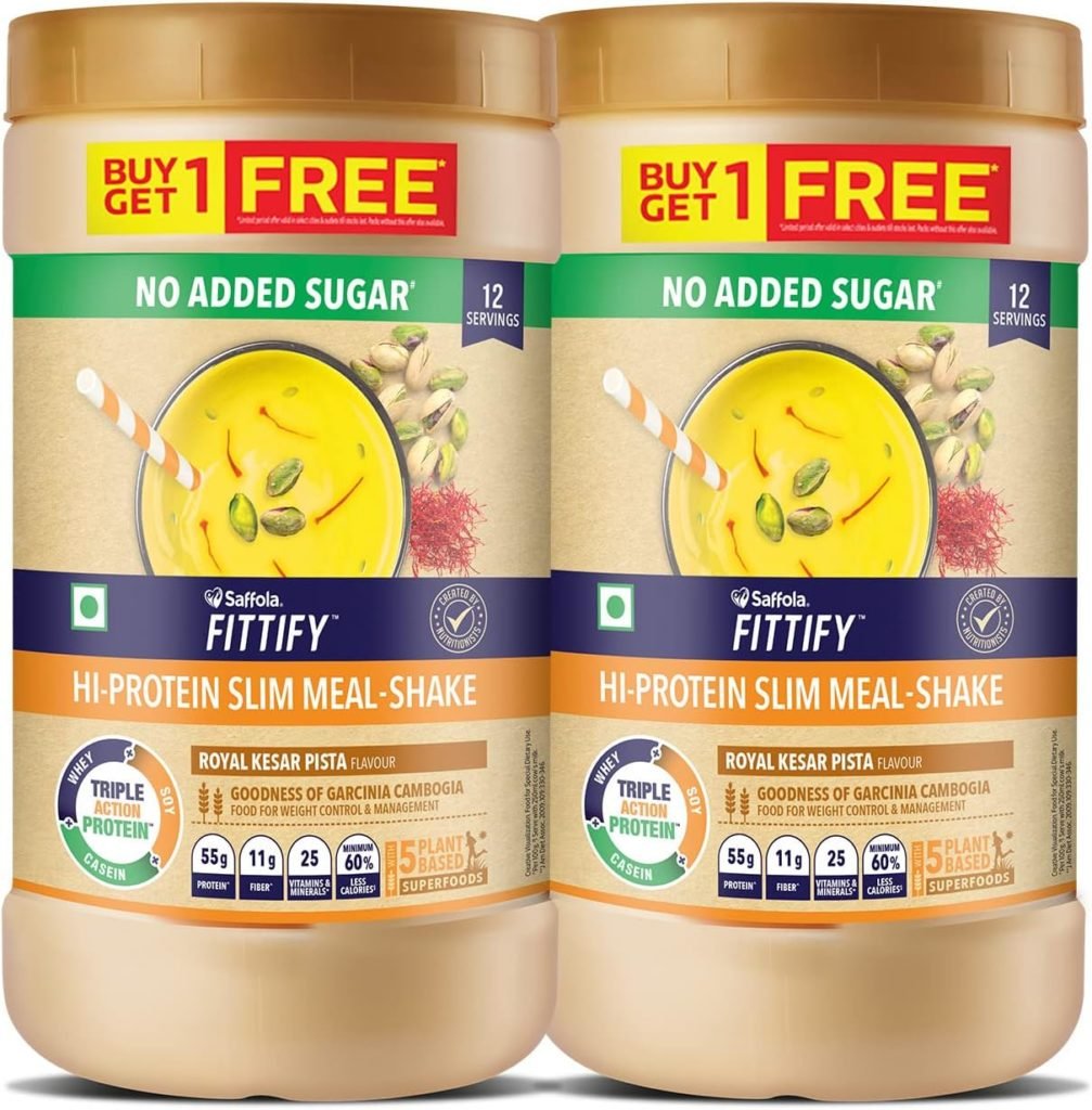 Saffola FITTIFY Gourmet HI PROTEIN SLIM MEAL-SHAKE Royal Kesar Pista Buy 1 Get 1 Free 420 gm (12 servings)