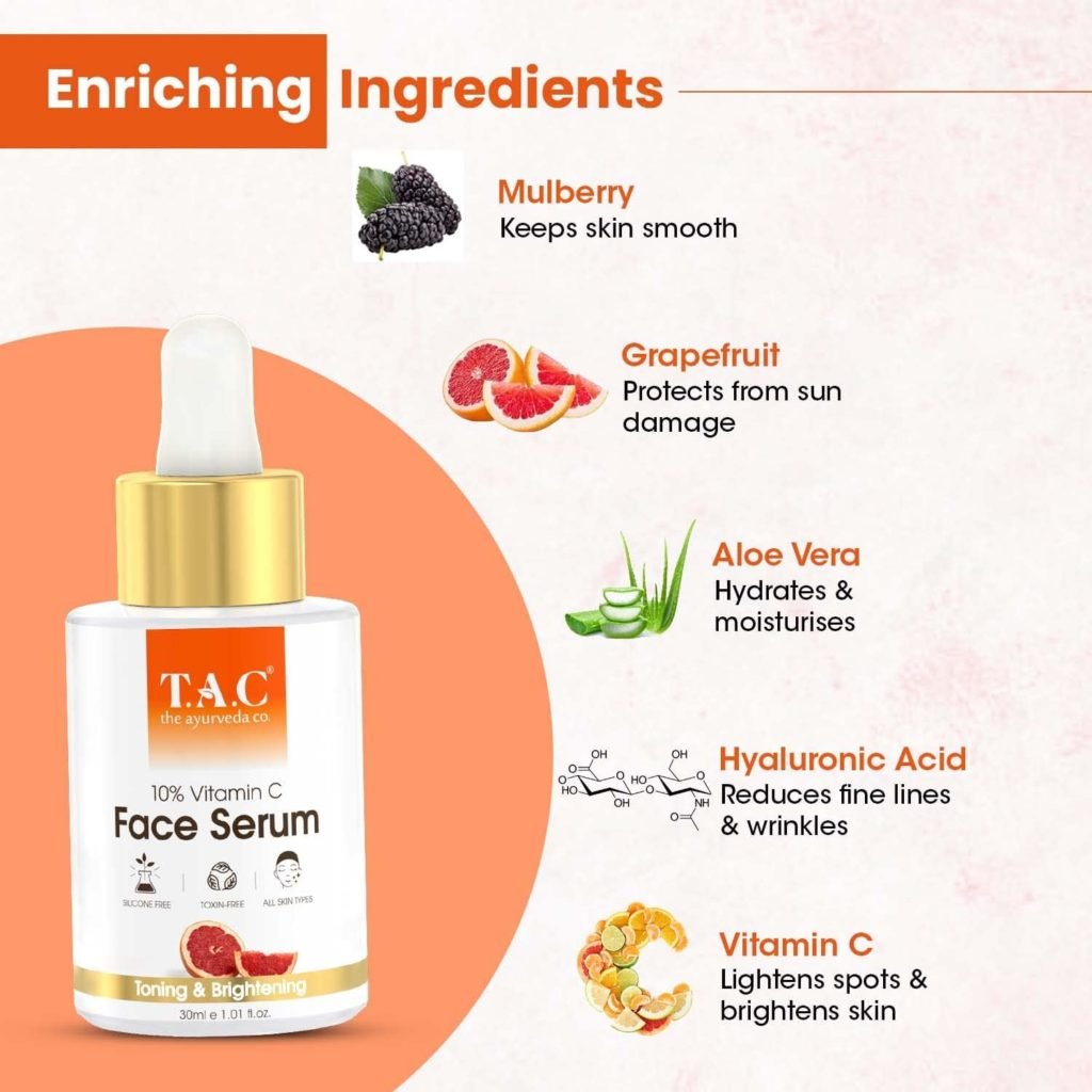 TAC - The Ayurveda Co. 15% Vitamin C Face Serum for Toning, Brightening Glowing Skin, Anti Aging Anti Wrinkles, Increases Skins Glow For Women Men, 30ml