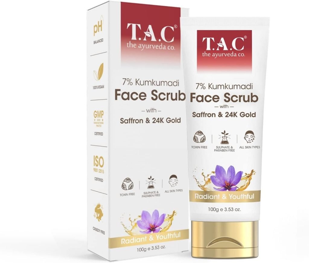 TAC - The Ayurveda Co. 7% Kumkumadi Face Scrub for Glowing Radiant Skin for Tan Removal, Exfoliation Blackheads Removal with Natural Walnut Shell Granules - Gentle Deep Scrubbing for Women Men, All Skin Types, 100g