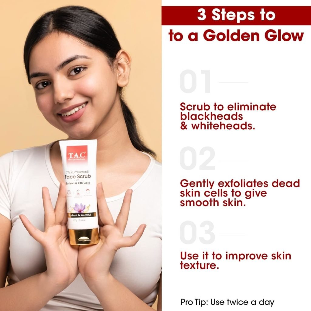 TAC - The Ayurveda Co. 7% Kumkumadi Face Scrub for Glowing Radiant Skin for Tan Removal, Exfoliation Blackheads Removal with Natural Walnut Shell Granules - Gentle Deep Scrubbing for Women Men, All Skin Types, 100g