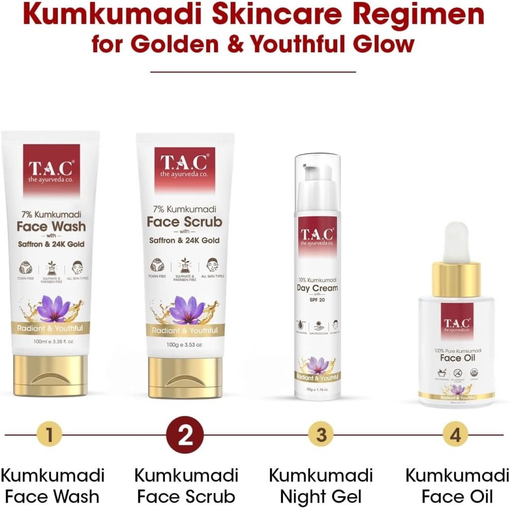 TAC - The Ayurveda Co. 7% Kumkumadi Face Scrub for Glowing Radiant Skin for Tan Removal, Exfoliation Blackheads Removal with Natural Walnut Shell Granules - Gentle Deep Scrubbing for Women Men, All Skin Types, 100g