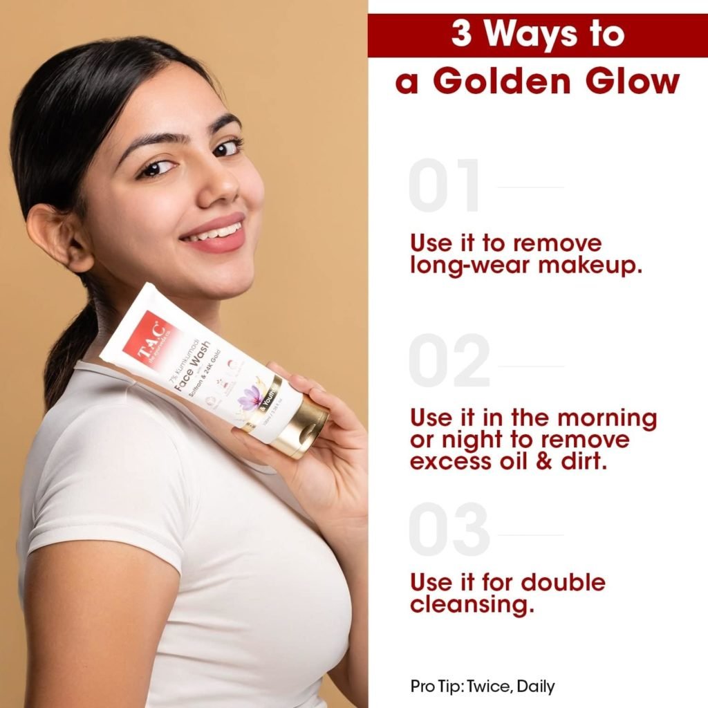 TAC - The Ayurveda Co. 7% Kumkumadi Face Wash for Visibly Glowing Skin, Face Cleanser with Saffron Removes Excess Oil Dust, for All Skin Types - 100Ml