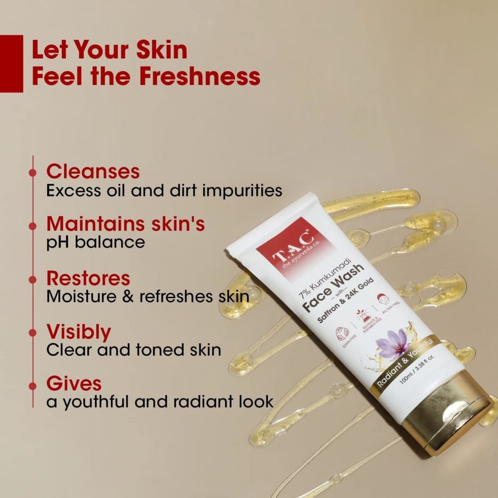 TAC - The Ayurveda Co. 7% Kumkumadi Face Wash for Visibly Glowing Skin, Face Cleanser with Saffron Removes Excess Oil Dust, for All Skin Types - 100Ml