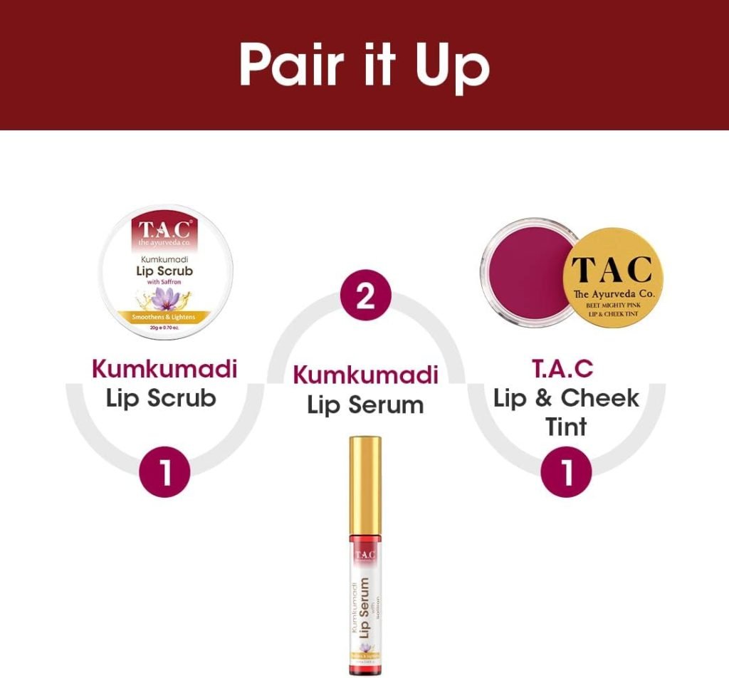 TAC - The Ayurveda Co. Kumkumadi Lip Serum for Dry, Dark Plump Lips with Saffron Vitamin E, Moisturize Hydrates Lips, for Women Men, 10ml