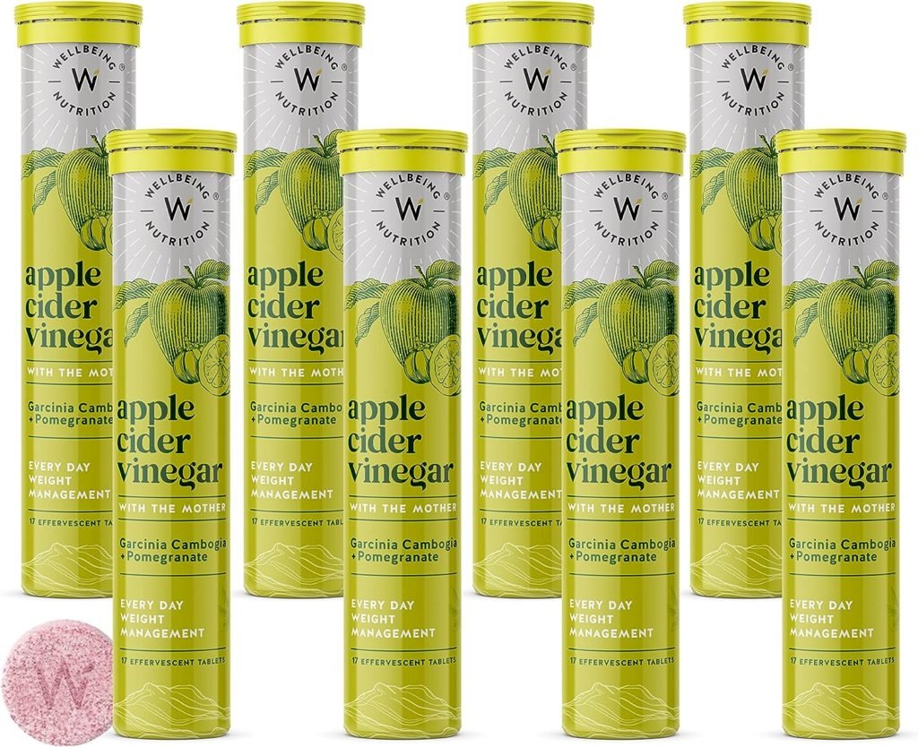 Wellbeing Nutrition Apple Cider Vinegar (ACV) 17 Effervescent Tablets for Weight Loss with Mother and Garcinia Cambogia, Pomegranate | Weight Management, Gut Health, Supports Digestion (Pack of 8)