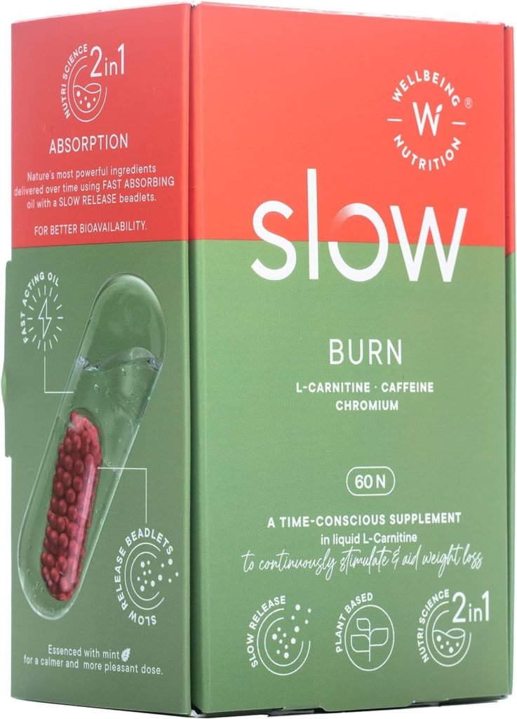 Wellbeing Nutrition Slow Burn | Fat Burner for Men Women (60 Capsules) | Caffeine Chromium in Advanced Liquid L-Carnitine to Convert Fat into Energy | Metabolism, Energy Endurance