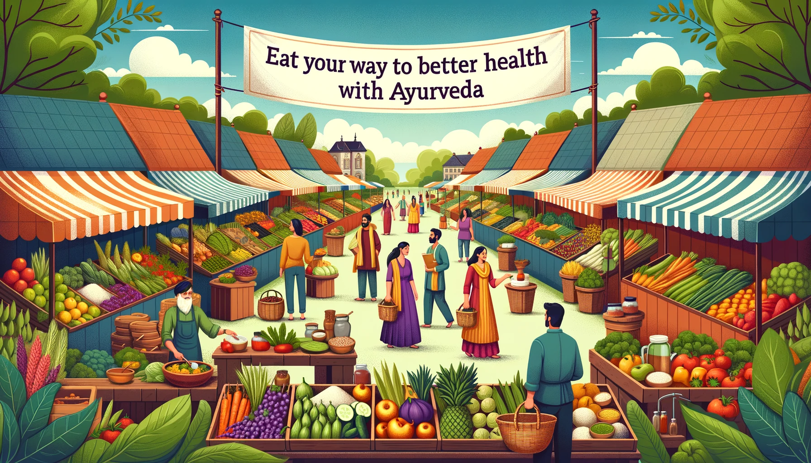 The Ayurvedic Diet - illustration of a vibrant farmers market