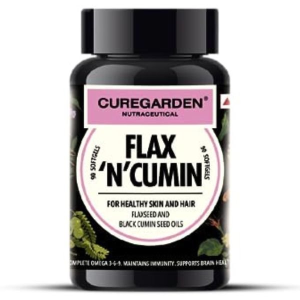 Curegarden Flax 'N' Cumin - Flaxseed Oil Capsules with Black Cumin Oil - Softgels for Healthy Hair & Skin - Dairy & Gluten Free - Certified