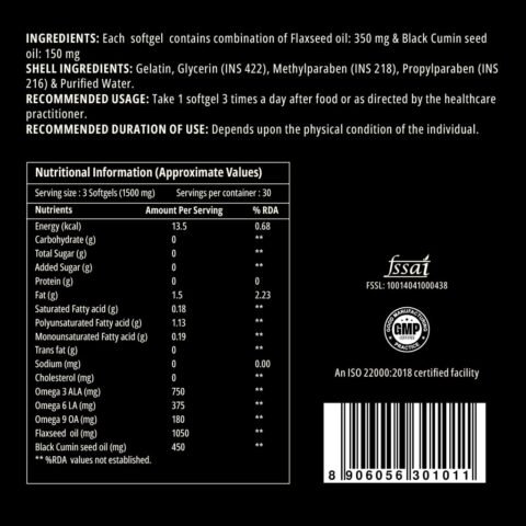 Curegarden Flax 'N' Cumin - Flaxseed Oil Capsules with Black Cumin Oil - Softgels for Healthy Hair & Skin - Dairy & Gluten Free - Certified
