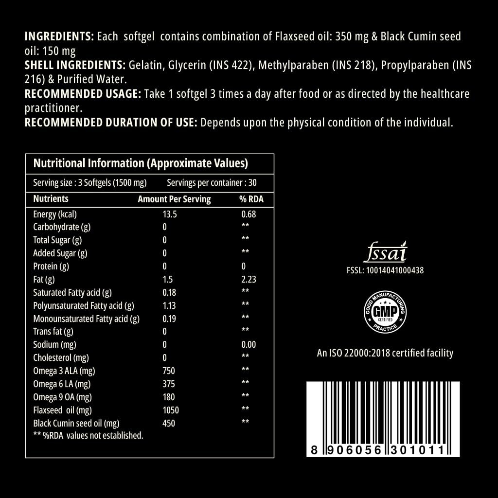 Curegarden Flax 'N' Cumin - Flaxseed Oil Capsules with Black Cumin Oil - Softgels for Healthy Hair & Skin - Dairy & Gluten Free - Certified Curegarden Flax 'N' Cumin - Flaxseed Oil Capsules with Black Cumin Oil - Softgels for Healthy Hair & Skin - Dairy & Gluten Free - Certified