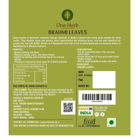 One Herb - Brahmi Leaves Tea 100g, Bacopa Monnieri, Caffeine free