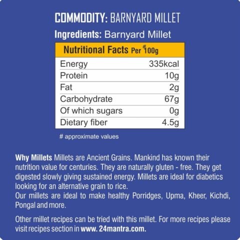 24 Mantra Organic Unpolished Millets Barnyard Millets 1kg | Goodness in every grain | Rice Replacement