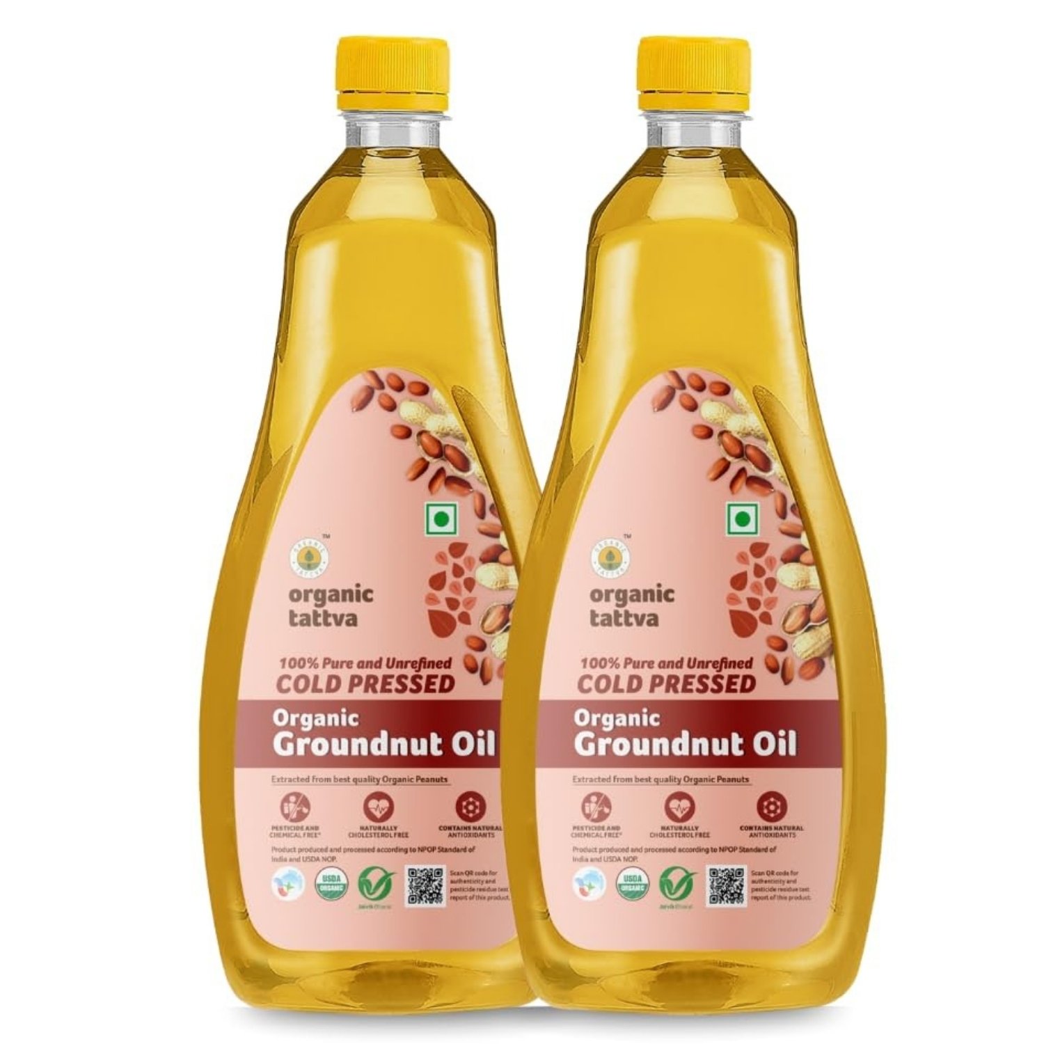 Organic Tattva, Organic Groundnut/Peanut Unrefined Cooking Oil, 1 Litre (Pack of 2)