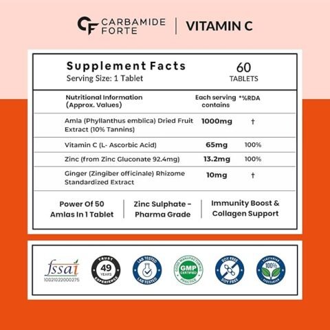 Carbamide Forte Natural Vitamin C Supplements Amla Extract With Zinc