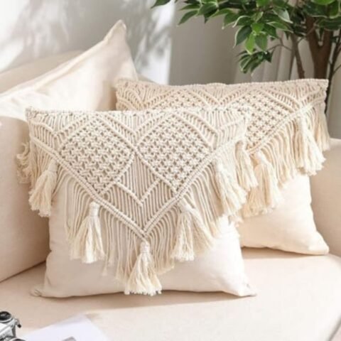 ACN Kohinoor | Macrame Cushion Cover 16 x 16 inch Off-White | Boho Pillow Case for Sofa Set, Bedroom Living Room in Premium Cotton Canvas Fabric with Back Zipper, 1 – Piece