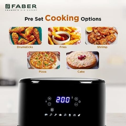 Faber 6L 1500W Digital Air Fryer | Fry, Bake, Roast, Toast, Defrost, Grill & Reheat | 85% Less Oil, 360° Air Cooking | 8-Preset Menu, LED Display & Touch Control, Non-Stick Pan, View Window | (Black)