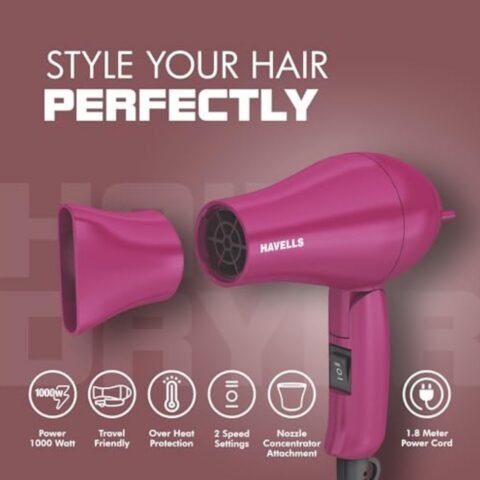 Havells 1000 Watt Foldable Hair Dryer; 2 Heat Settings (Hot/Warm), Heat Balance Technology | Purple | Your Perfect Blow Dry Companion For Effortless Hair Styling | Hd1810