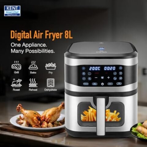KENT Digital Air Fryer 8L | 1700W | Bake, Grill & Roast | Up to 80% Less Oil Usage | 7 Preset Menu | Digital Display & Touch Control Panel | Glass Window with in built Light | Auto Cut-Off Silver