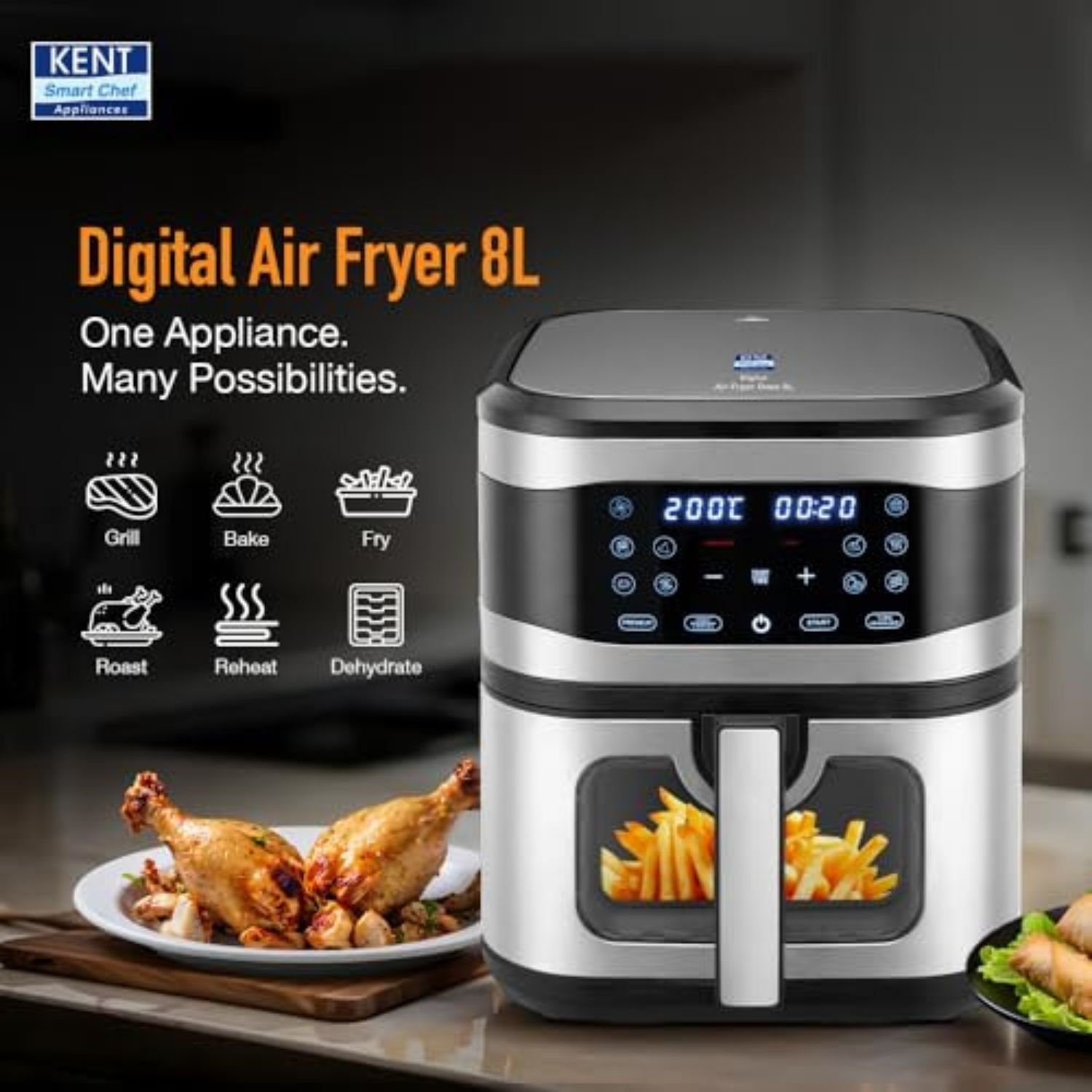 KENT Digital Air Fryer 8L | 1700W | Bake, Grill & Roast | Up to 80% Less Oil Usage | 7 Preset Menu | Digital Display & Touch Control Panel | Glass Window with in built Light | Auto Cut-Off Silver KENT Digital Air Fryer 8L | 1700W | Bake, Grill & Roast | Up to 80% Less Oil Usage | 7 Preset Menu | Digital Display & Touch Control Panel | Glass Window with in built Light | Auto Cut-Off Silver