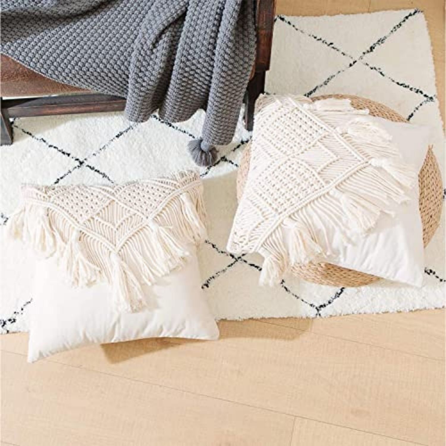 Kaahira Handmade Cotton Macrame Cushion Pillow Cover Boho Home Decor Abstract Pattern Kaahira Handmade Cotton Macrame Cushion Pillow Cover Boho Home Decor Abstract Pattern