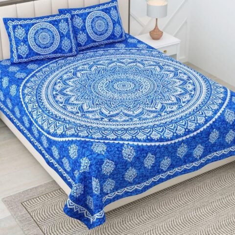 RajasthaniKart® Pure 100% Cotton Double Bed Sheet with 2 Pillow Covers (Bedsheet for Double Bed Cotton, Grey Small Booty Jaipuri, King Size)