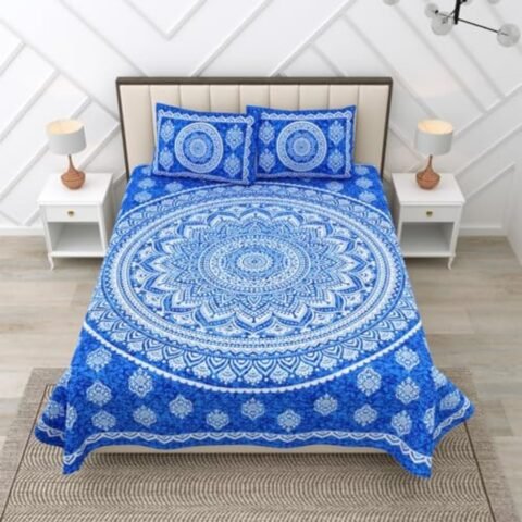 RajasthaniKart® Pure 100% Cotton Double Bed Sheet with 2 Pillow Covers (Bedsheet for Double Bed Cotton, Grey Small Booty Jaipuri, King Size)
