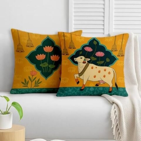 STITCHNEST Polycotton Cushion Covers Twin Peacock with Floral Pattern, 16×16 Inch,Traditional Home Decor, Sofa Styling & Gifting