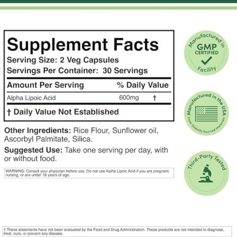 Alpha Lipoic Acid 600mg per Serving, 60 Capsules (Third Party Tested, Non-GMO, Gluten Free, Vegan Safe) Cellular Energy Support (ALA Supplement) by Double Wood
