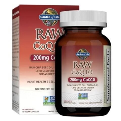 Garden of Life CoQ10 200mg, Vegetarian Omega 3 6 9 Supplement Raw Co Q 10 Chia Seed Oil, Whole Food Nutrition with Antioxidant Support, Coenzyme q10 Supplement for Heart Health, 60 Capsules